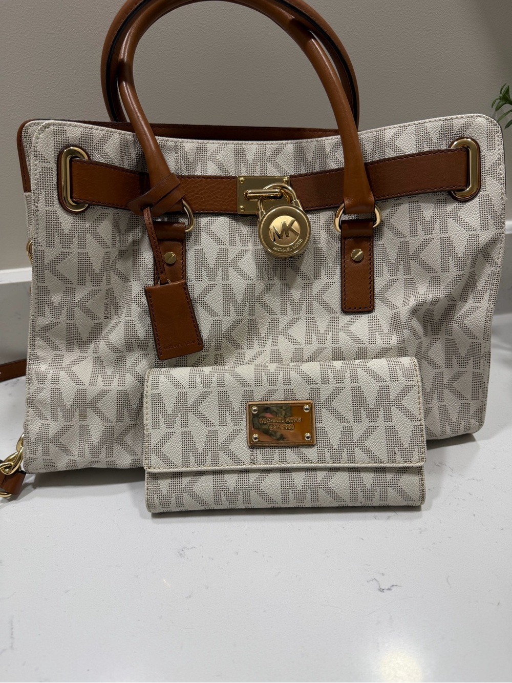 Michael Kors Cream Logo Tote with Brown Trim and Gold Hardware